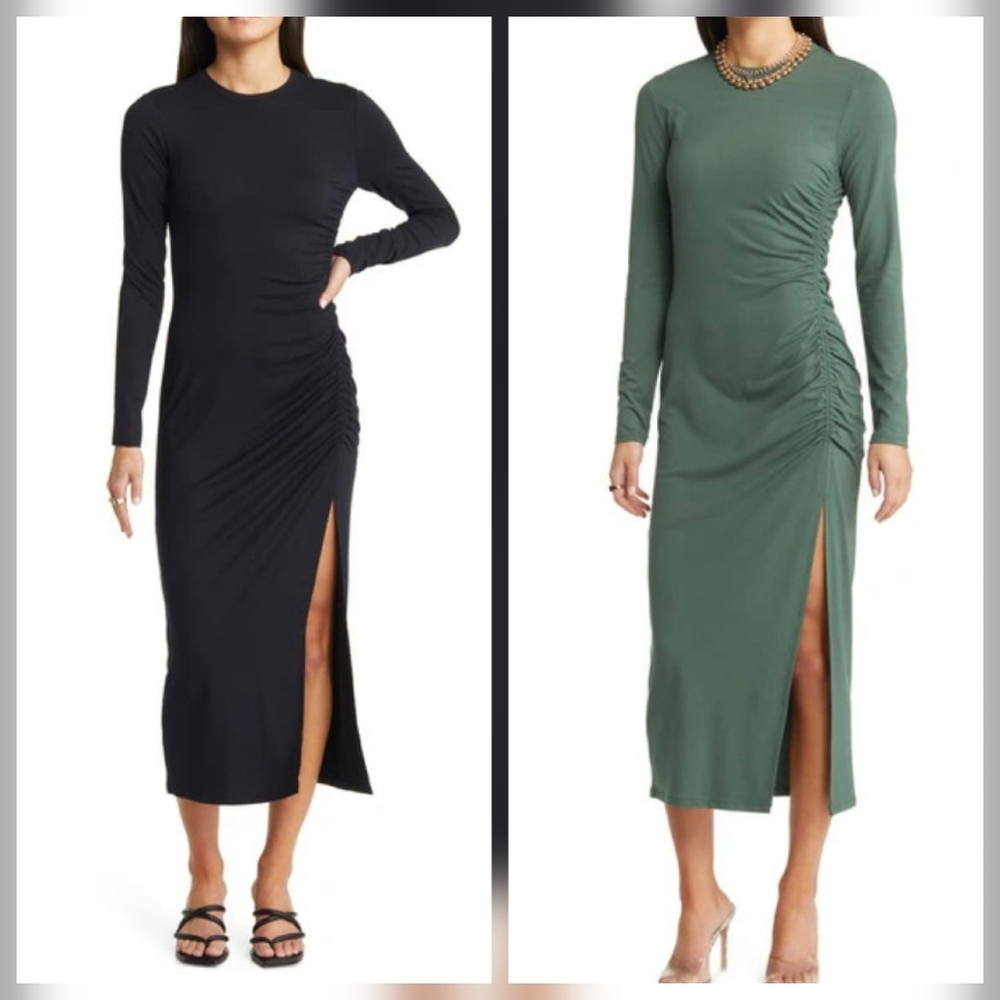 Open Edit Black Ruched Long Sleeve Midi Dress